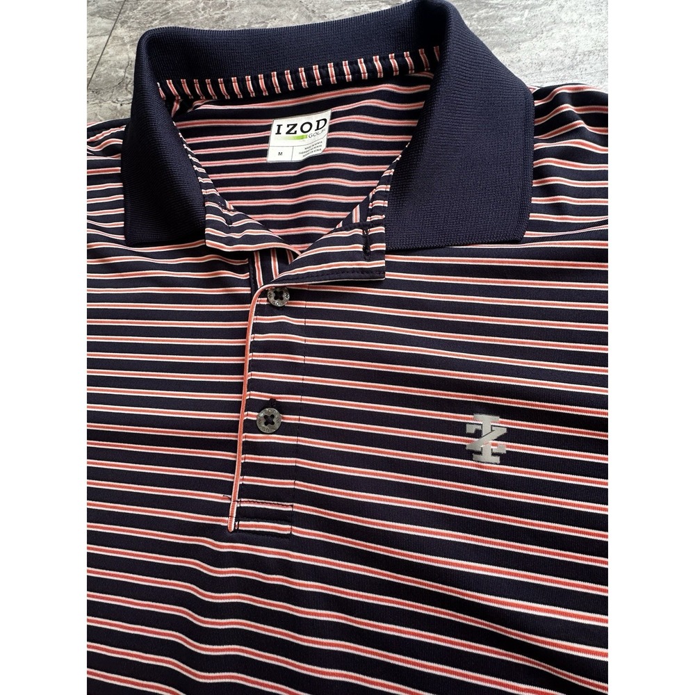 IZOD GOLF Polo Shirt Mens M Short Sleeve Casual Striped Orange Navy Collared EUC - Picture 4 of 11